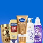 Unilever products, including the brands Magnum, Hellmann's, Vaseline, Dove, and Persil, displayed on a blue background.