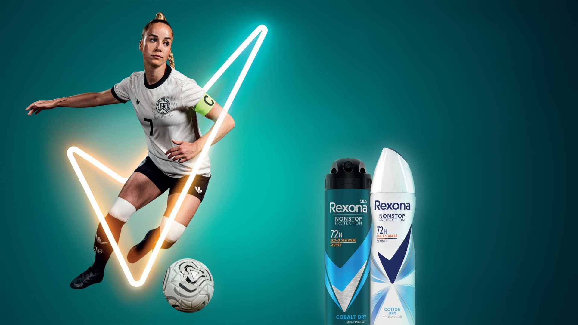 Giulia Gwinn, captain of the German Women’s football team, kicks a ball. Rexona 72-hour non-stop protection deodorants are pictured.