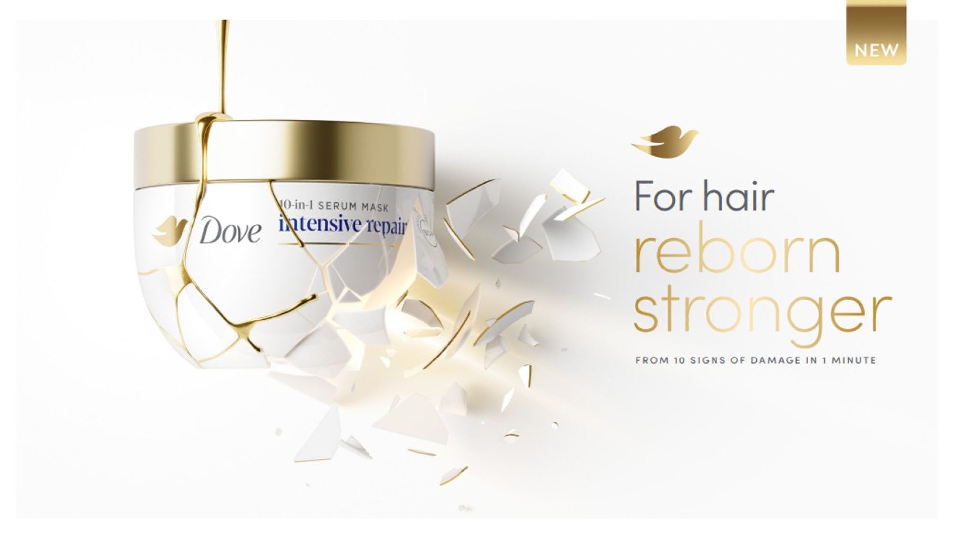 A jar of Dove Intensive Repair hair mask. Text reads: ‘For hair reborn stronger from 10 signs of damage in 1 minute’.