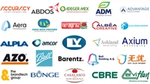 A collage of 24 global company logos on a white background. Brands include Accuracy, ABDOS, ADEGER MEX, ADM, Advantage Solutions, Aera Technology, AGHA DAYA PRATAMA, Agraz Conesa, Albéa Creative, Alea Kreasi Mandiri, ALPLA, Amcor, LY, Ashland, Axium Packaging, AZO, Ball, Barentz, Bell Holding A.Ş., Best Value Provider, The Brandtech Group, Bunge, Casalasco Società Agricola S.p.A., CBRE, and Erviflavi. Logos feature diverse colours and styles, with icons such as leaves, geometric shapes, and stylised letters, representing sectors like food solutions, packaging innovation, agricultural products, and technology services.