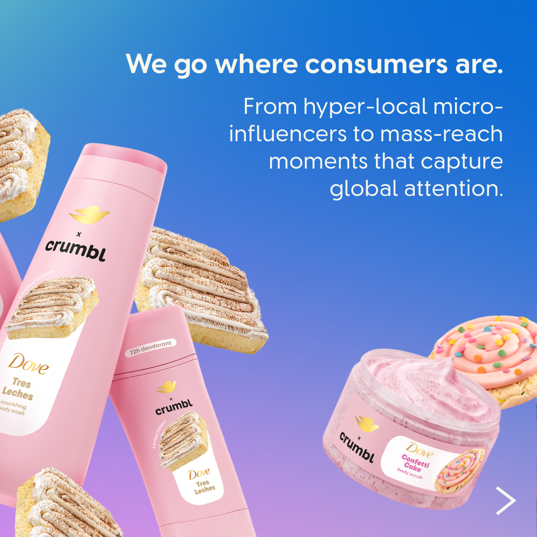 Dove x Crumbl branding with product and dessert visuals alongside messaging on reaching consumers at scale.