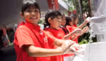 Schoolchildren washing their hands