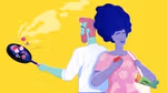 An illustration of a man cooking with a frying pan and a woman eating an apple