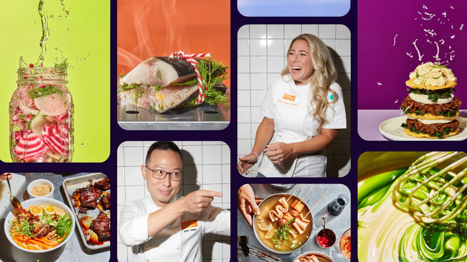 A collage of images including two chefs laughing, and shots of key Asian and South American inspired dishes from Unilever Food Solutions Menu Trends research.
