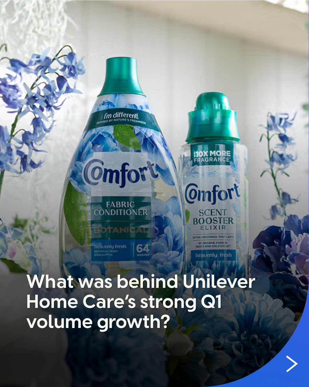 Two bottles of Comfort fabric conditioner and scent booster with green caps are displayed among blue flowers, with overlaid text asking “What was behind Unilever Home Care’s strong Q1 volume growth?”