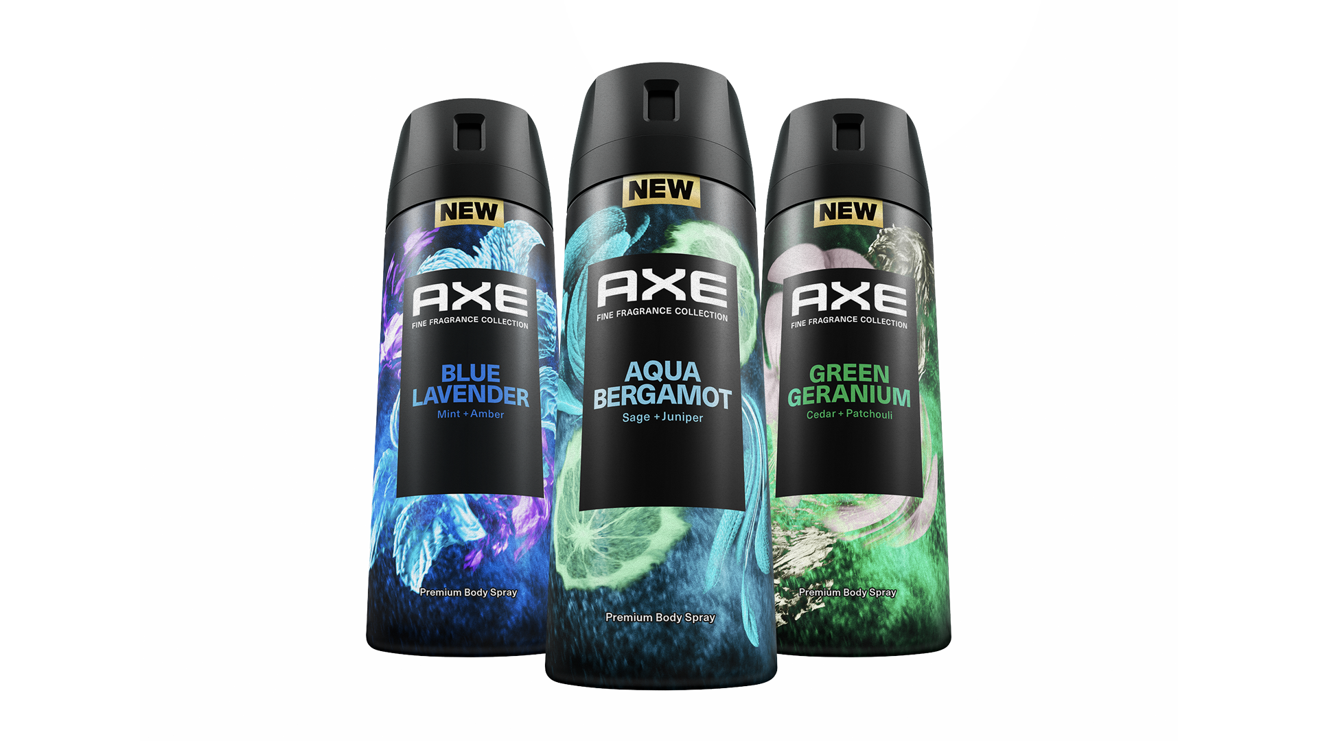 Three cans of Axe Fine Fragrance body spray in variants Blue Lavender, Aqua Bergamot and Green Geranium.