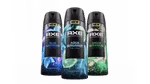 Three cans of Axe Fine Fragrance body spray in variants Blue Lavender, Aqua Bergamot and Green Geranium.