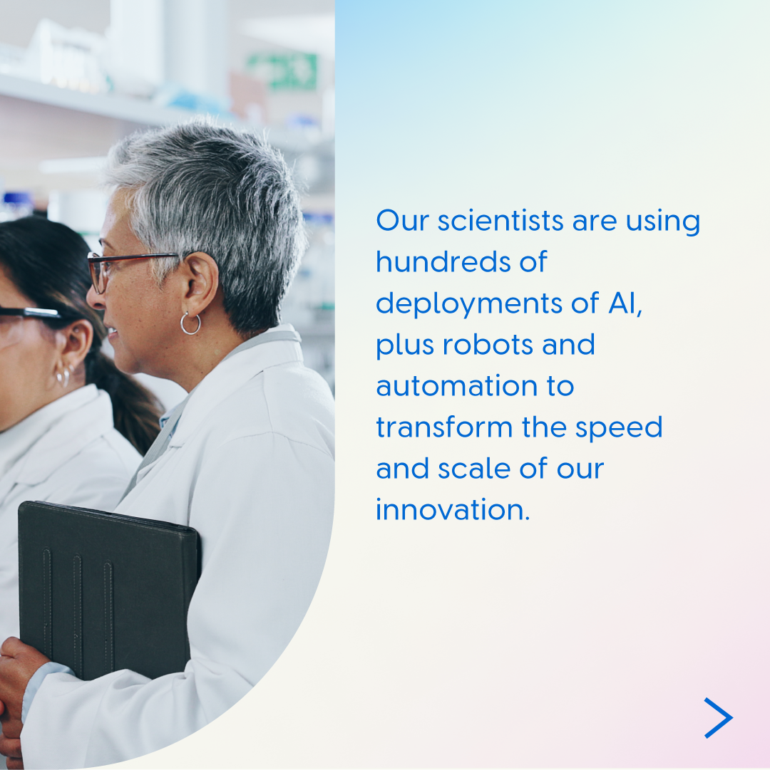 Graphic of scientists in a laboratory wearing white lab coats. Text explains that they are using AI, robotics and automation to transform the speed and scale of innovation.