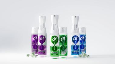 The image shows three Cif cleaning products in plastic spray bottles with refill packs shown alongside. There are three different product variants with purple, green and blue labels.