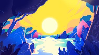 Sun setting over river