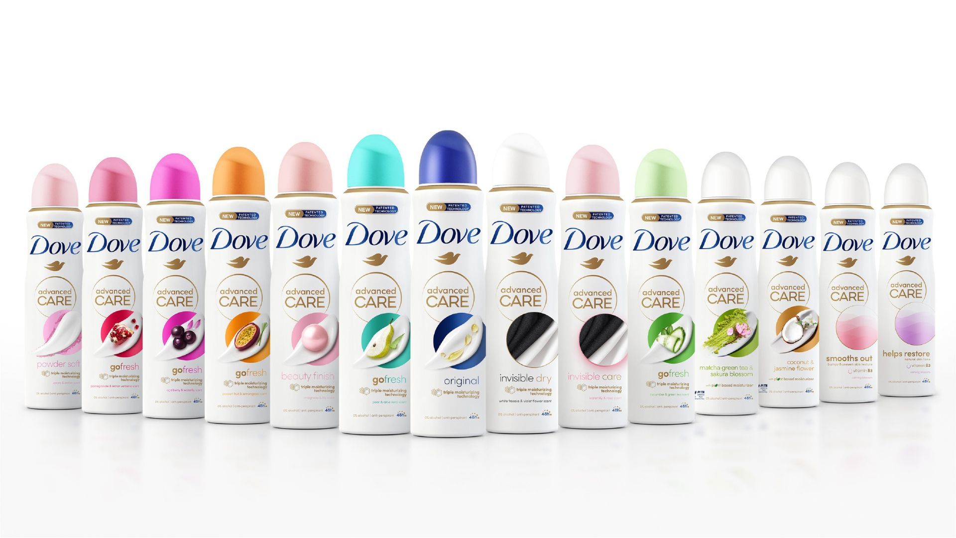 A photo of 14 different Dove antiperspirant deodorants
