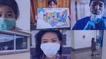 A collage of images featuring people wearing face masks and supporting communities affected by Covid-19