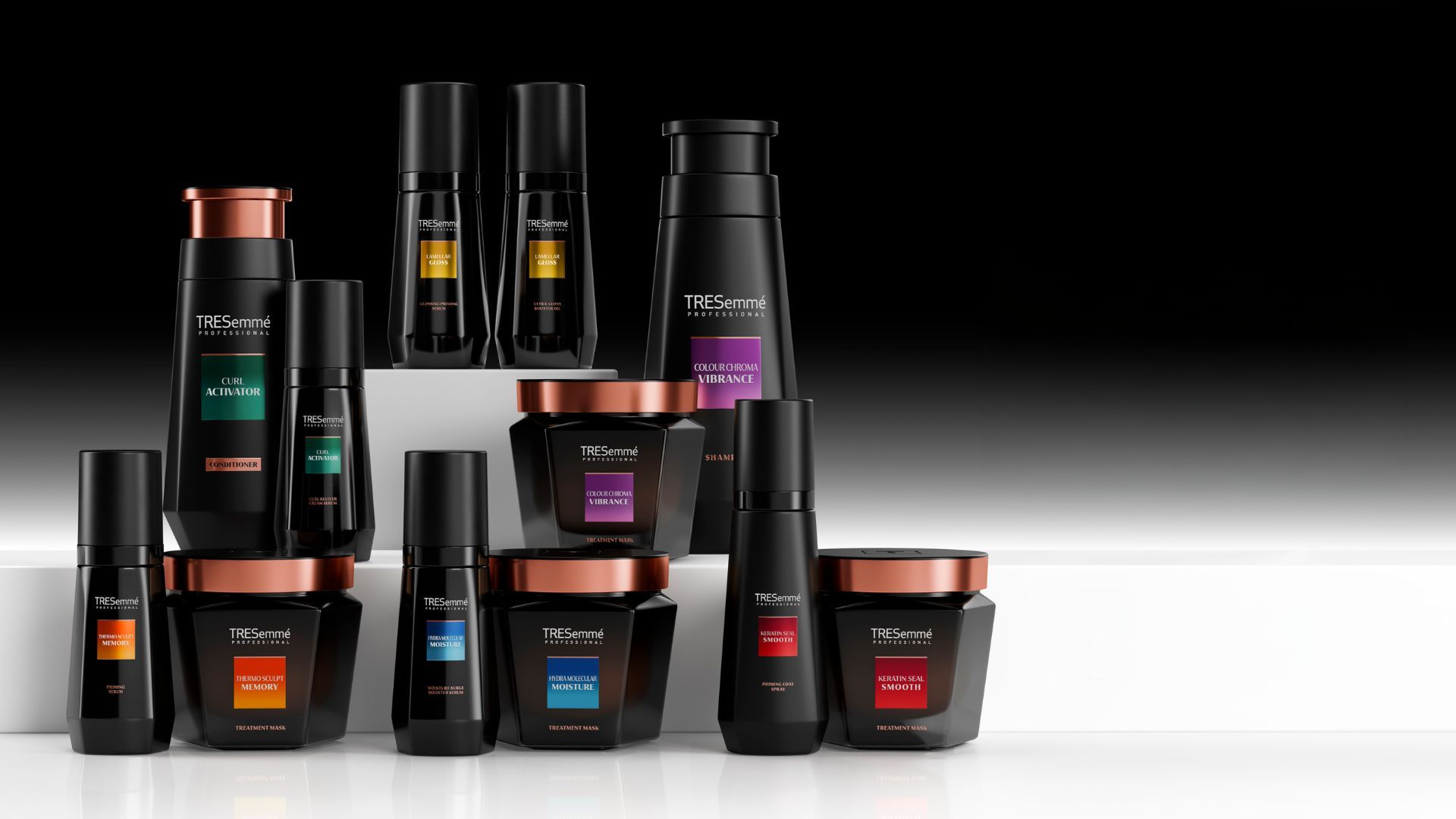 Hair products from the new TRESemmé Professional range. Black bottles and jars with copper accents.