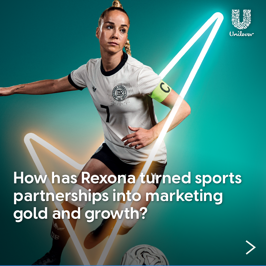 A football player in white kit with neon light trails. Text reads: “How has Rexona turned sports partnerships into marketing gold and growth?” Unilever logo in corner.