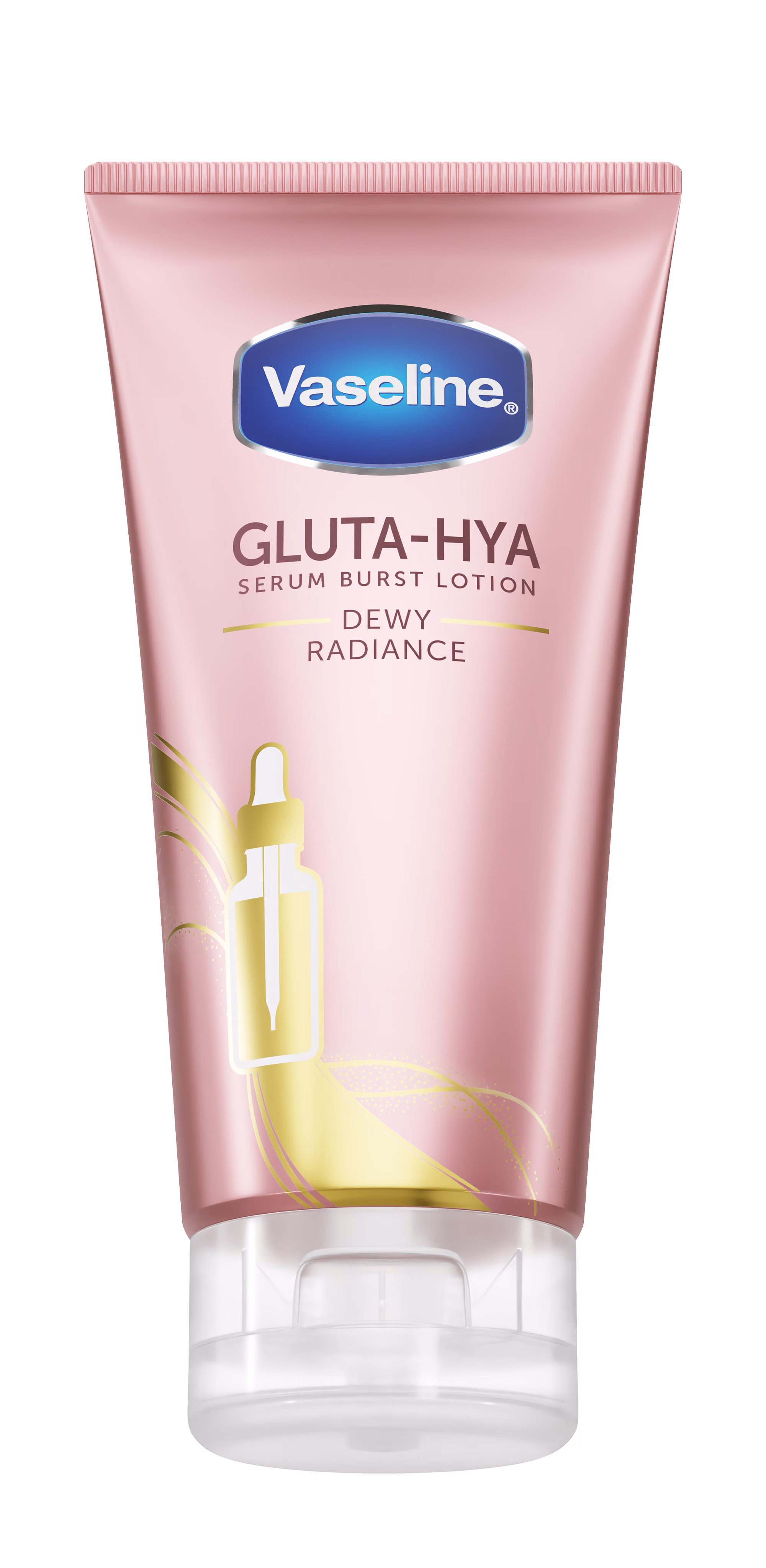 Pink tube of Vaseline Gluta-Hya Serum Burst Lotion for dewy radiance.