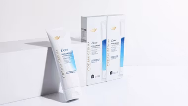 Dove Hyaluronic + Hydration Cream Serum, which contains pro-ceramides, niacinamide and collagen peptides. White, blue, gold packaging.