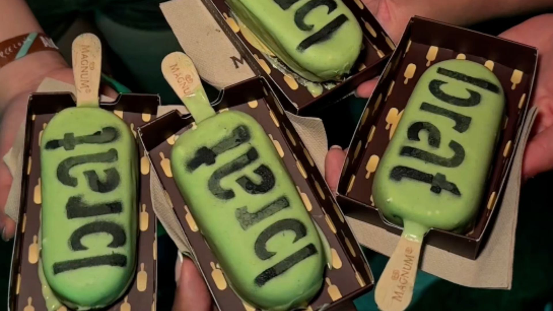 A selection of Brat-green Magnum ice cream sticks made available for influencers to try at Magnum’s Cannes launch party