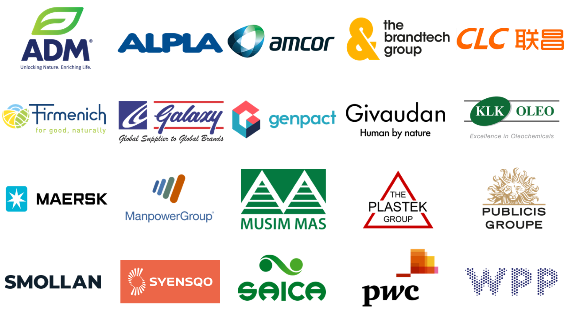 A collage of 20 company logos arranged in rows on a white background. Logos include ADM, ALPLA, Amcor, The Brandtech Group, CLC, Firmenich, Galaxy, Genpact, Givaudan, KLK Oleo, Maersk, ManpowerGroup, Musim Mas, The Plastek Group, Publicis Groupe, Smollan, Syensqo, Saica, PWC and WPP.