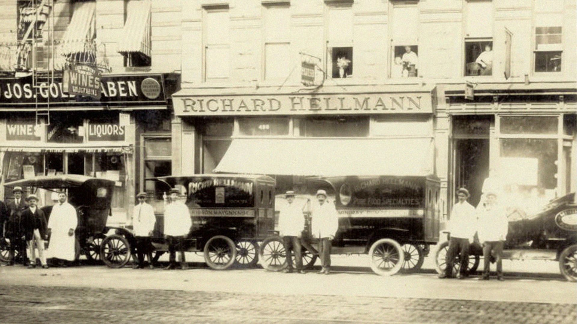A sepia image of the first Hellmann’s deli in NYC