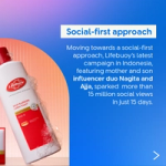 A Lifebuoy body wash bottle with foam on its surface is shown on a blue and peach gradient background. Text describes a social-first campaign in Indonesia featuring influencer duo Nagita and Aija.