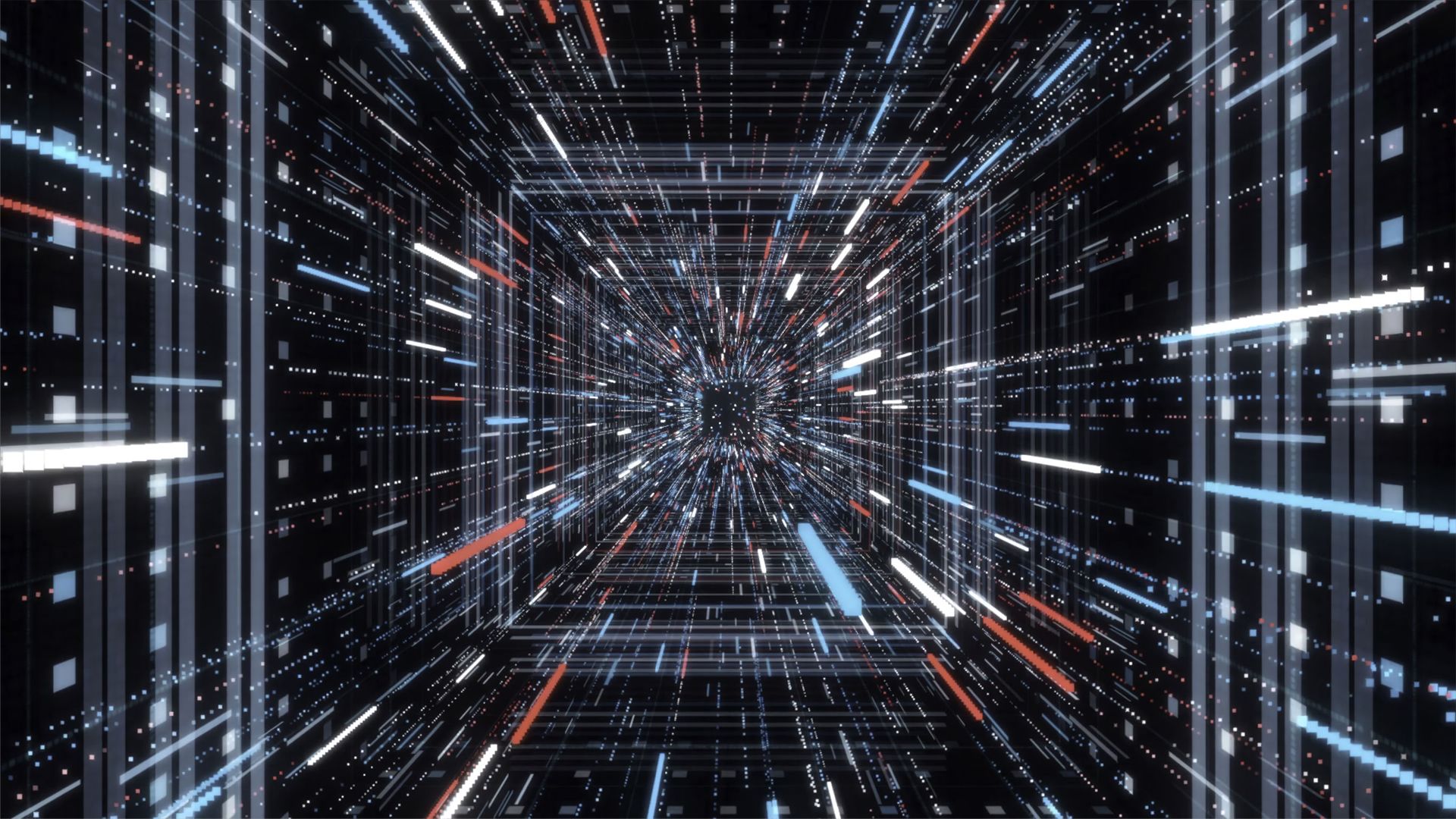 Colourful futuristic animation of sci-fi endless tunnel on black background.