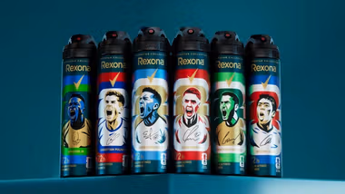 Line up of Rexona 72-hour deodorant sprays. Rexona is the official deodorant sponsor of the FIFA World Cup 2026.