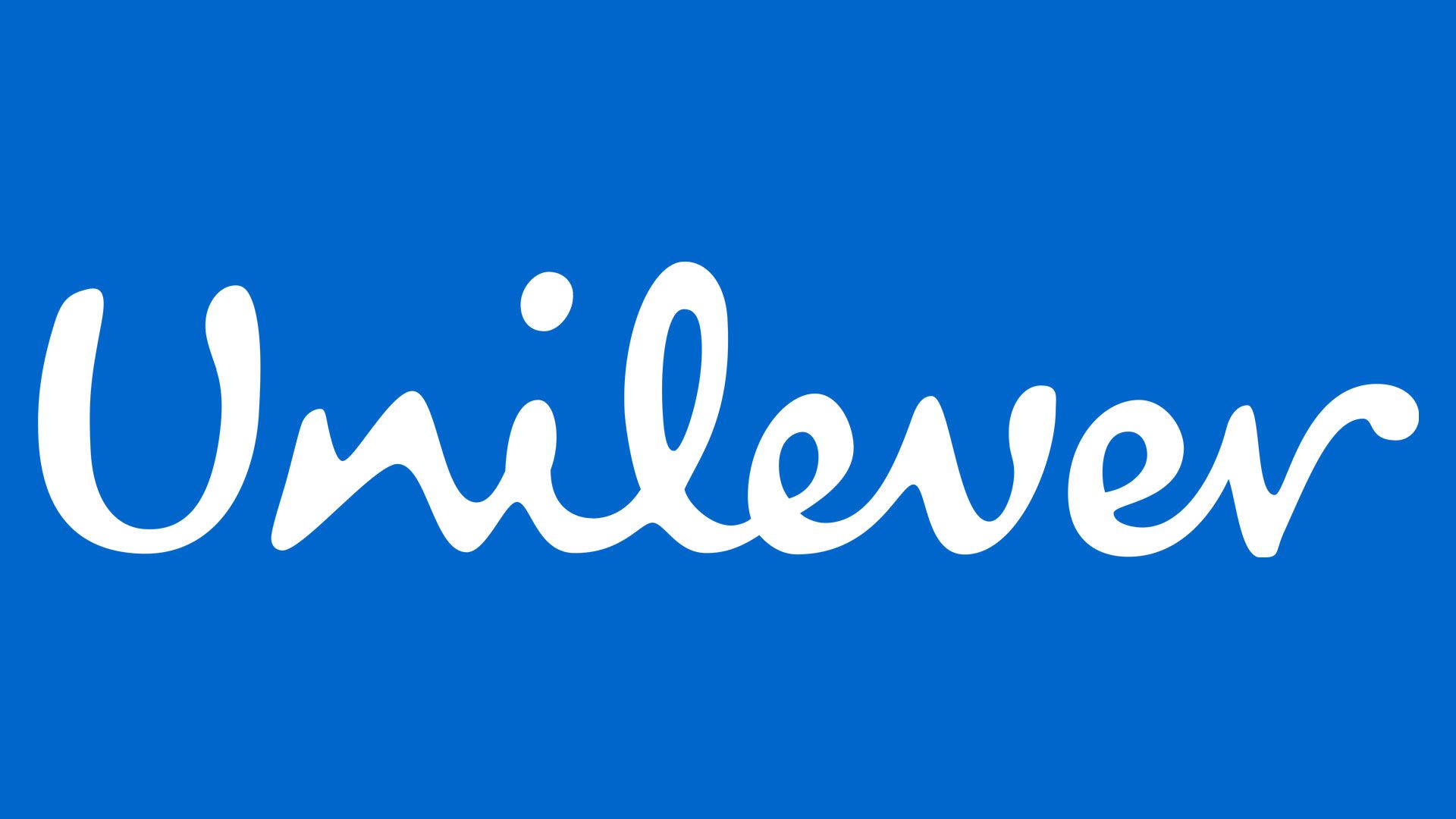 Unilever wordmark in white cursive lettering on a blue background