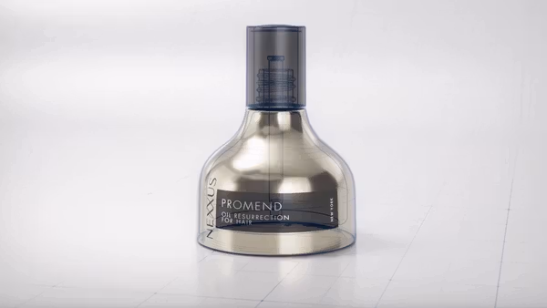 Transparent bottle of Nexxus Promend Oil Resurrection for hair, displayed on a light background with a technical blueprint overlay.