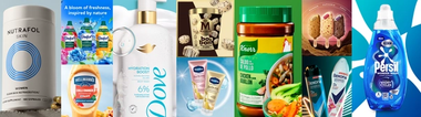 A collage of Unilever brands - Nutrafol, Comfort, Hellmann's, Dove, Magnum Bon Bons, Vaseline, Knorr, Magnum ice creams, Rexona deodorants, Persil Wonder Wash