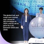 Two presenters beside a large CLEAR display; text cites a $103.94B 2024 market and 6.4% growth forecast to 2030.