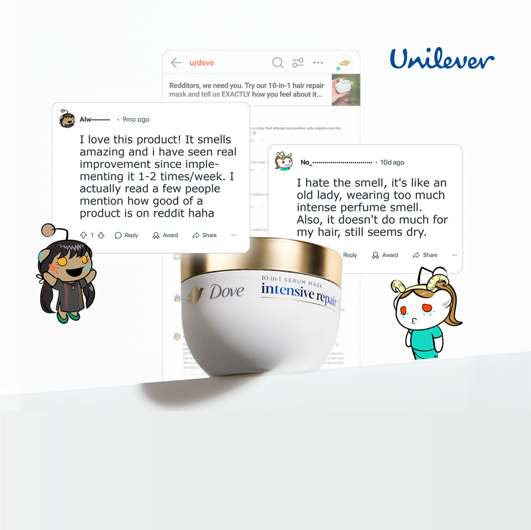 Dove campaign visual featuring Reddit reviews and product imagery with messaging on unfiltered consumer feedback.
