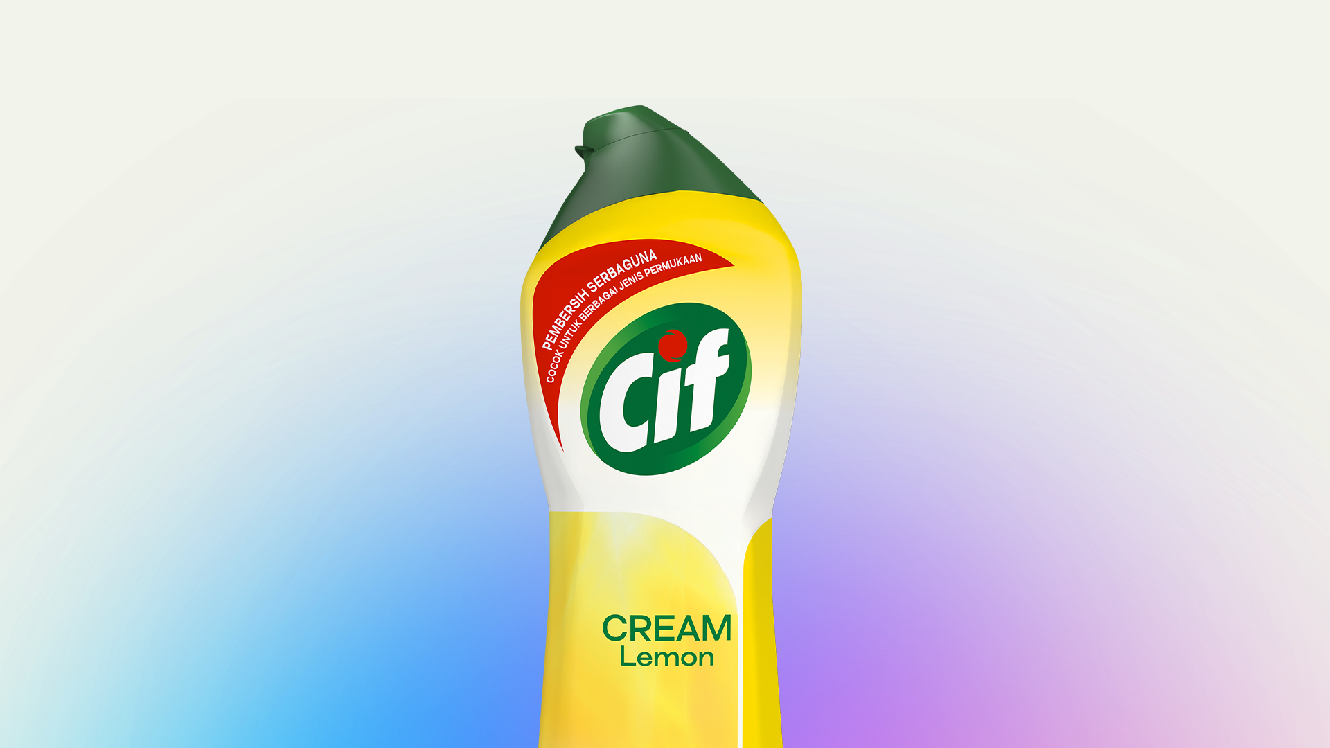 Bottle of Cif Lemon cleaning cream against a soft blue and purple background