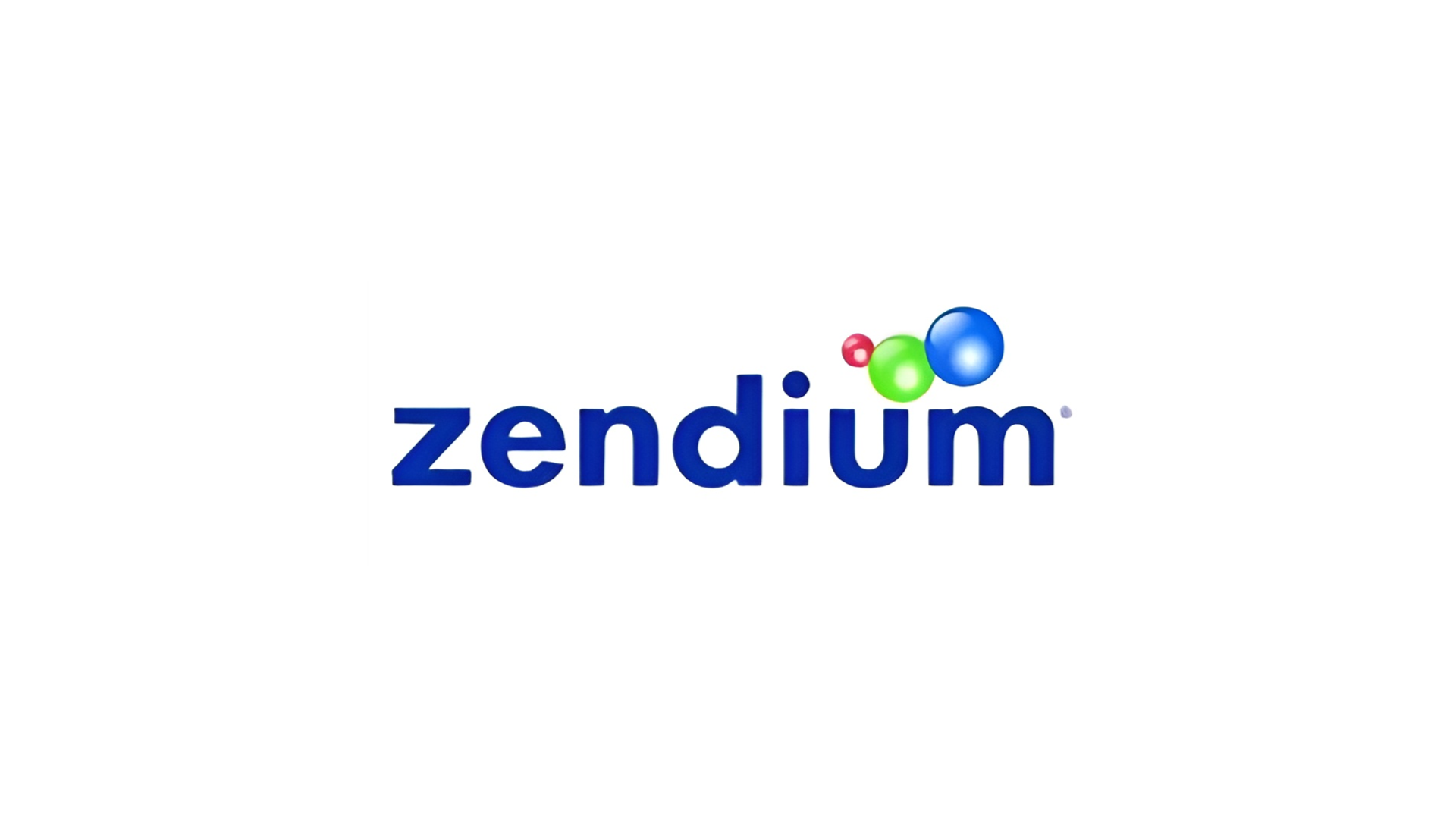 The logo for Unilever Personal Care’s Zendium brand. Blue text with three orbs in red, green and blue