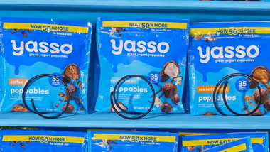 A row of US Greek yoghurt brand Yasso’s Poppables snack packs. Each piece is 35 calories.