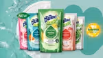 Five different coloured packs of Sunlight Plus dishwashing liquid which uses 100% plant-based cleaning ingredients.