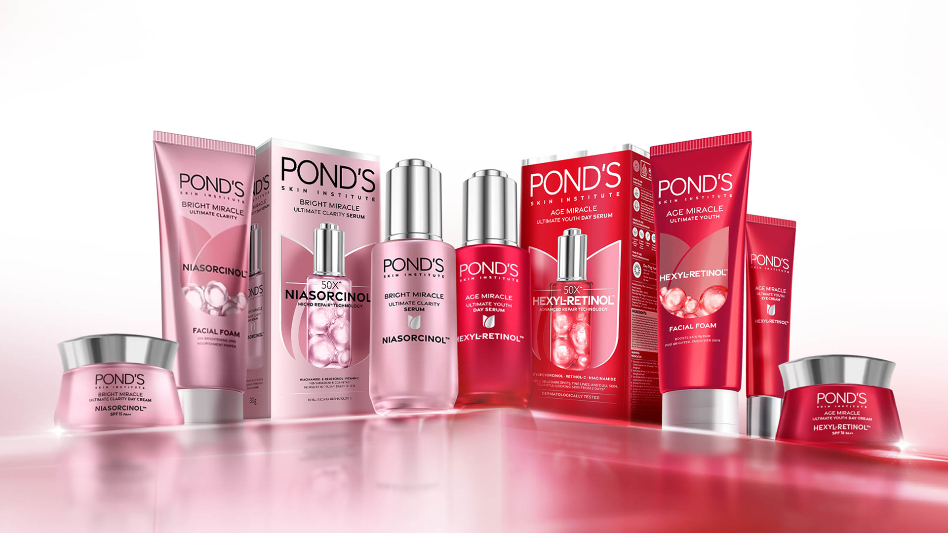 A row of seven POND’S SKIN INSTITUTE products displayed with their packaging boxes. Three in pink packaging and four in red. The packaging includes a mix of boxes, tubes, pumps and jars.