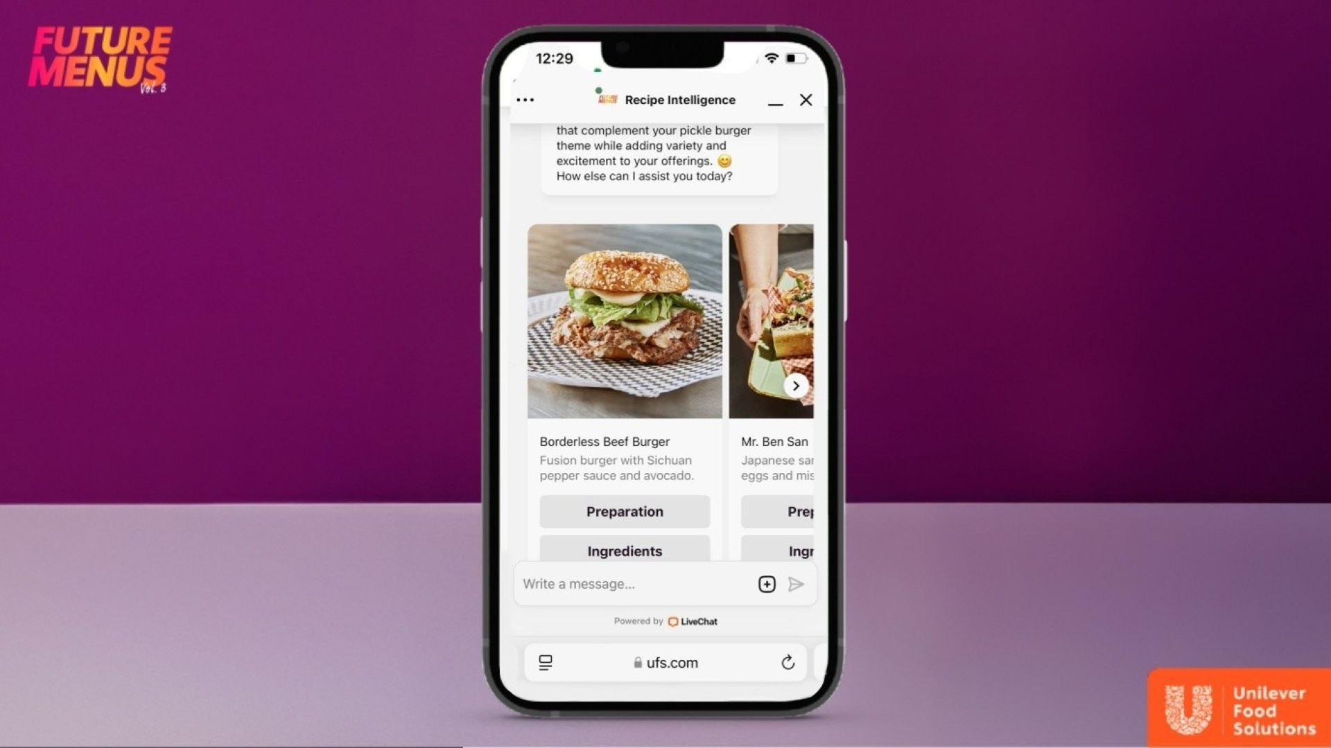 An image of a smartphone showing a page from the Recipe Intelligence AI-powered app.