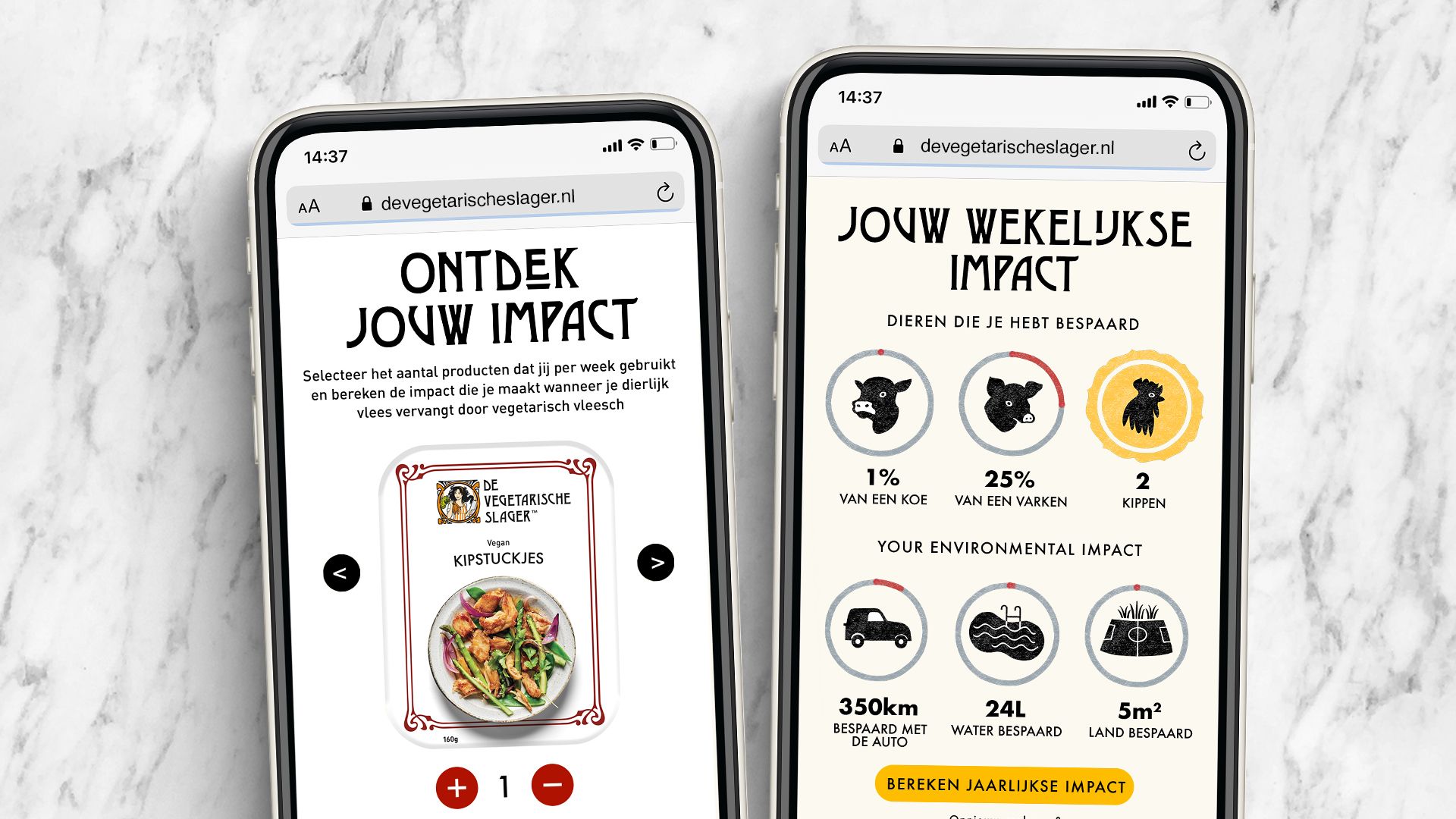 Detail of two mobile phone screens detailing the impact you can make by switching to eating plant-based meat powered by The Vegetarian Butcher