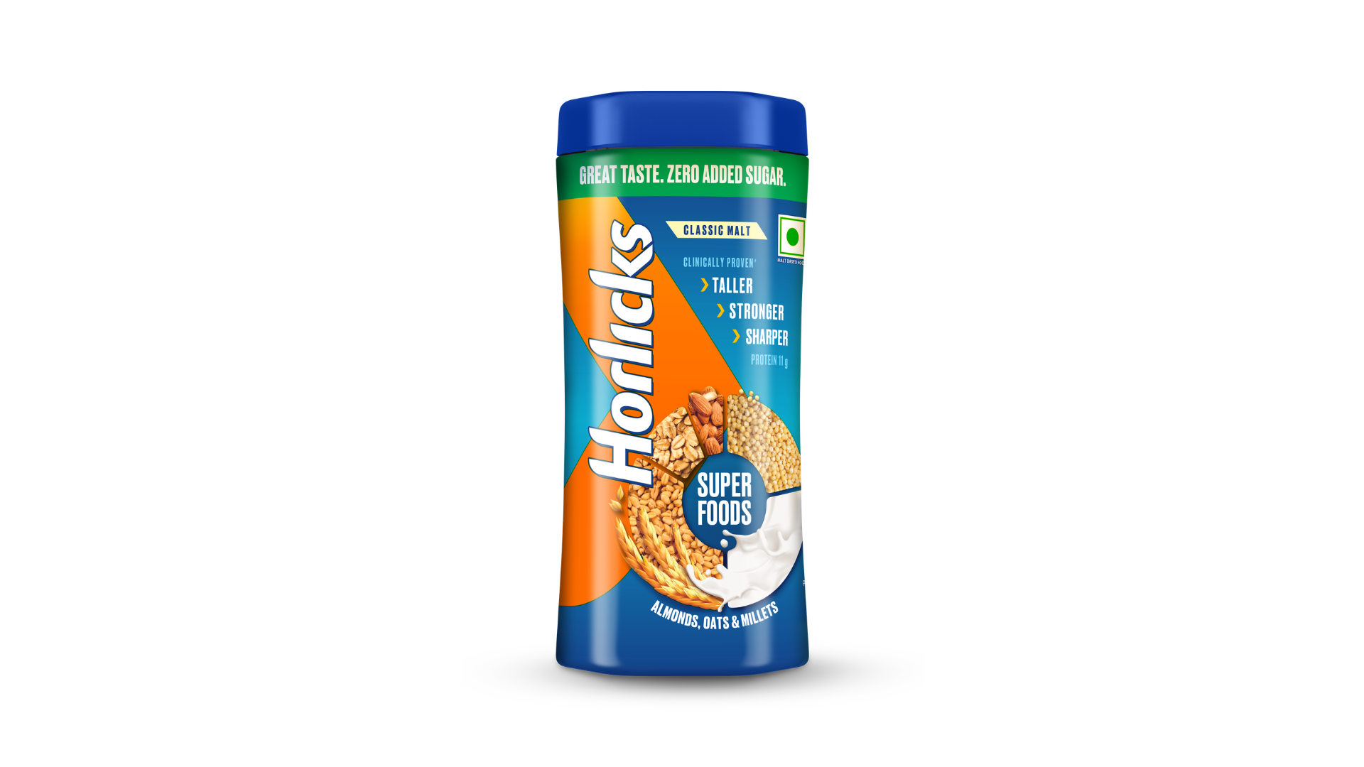 Horlicks Superfoods Classic Malt nutrition drink jar with almonds, oats, millets and milk splash, highlighting zero added sugar and high protein for daily health.