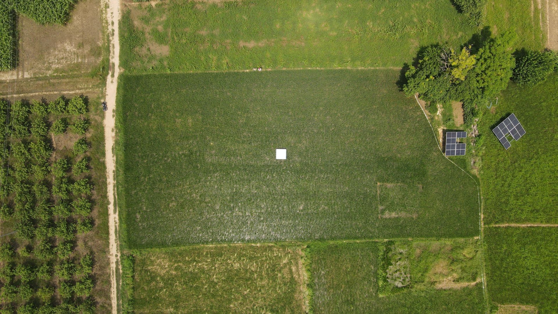 Aerial view of a large green field with a white marker and nearby solar panels at the edge.