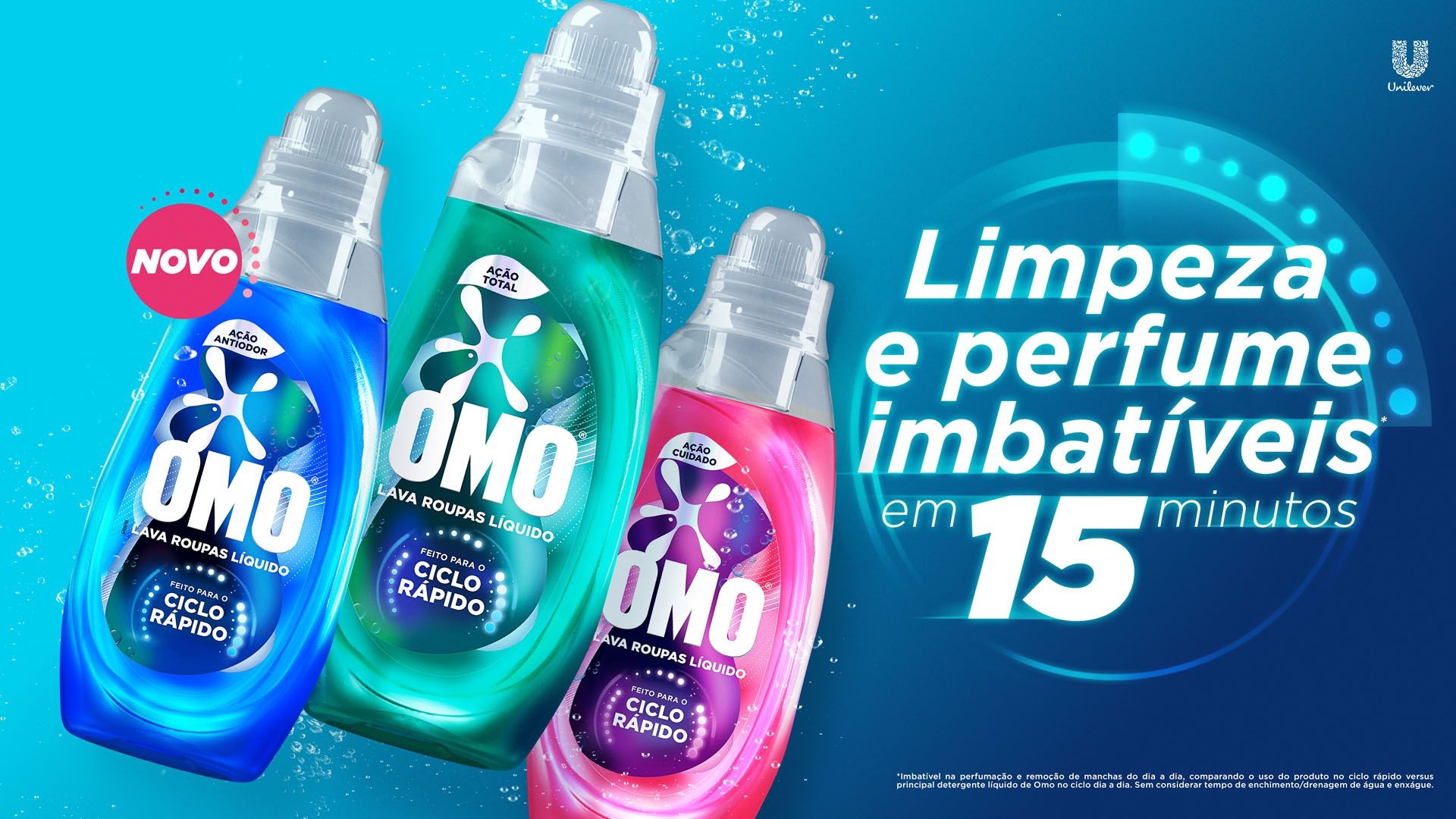 Ad for OMO Wonder Wash in Brazil with the words “Unbeatable cleanliness and fragrance in 15 minutes” in Portuguese.