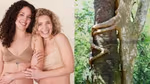 Two women embrace next to a pic of two intertwined trees. The position of the women’s arms echoes the shape of the branches