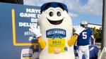 Manny Mayo, a football mascot designed to resemble a jar of Hellmann’s mayonnaise. He has yellow legs and blue shoes.