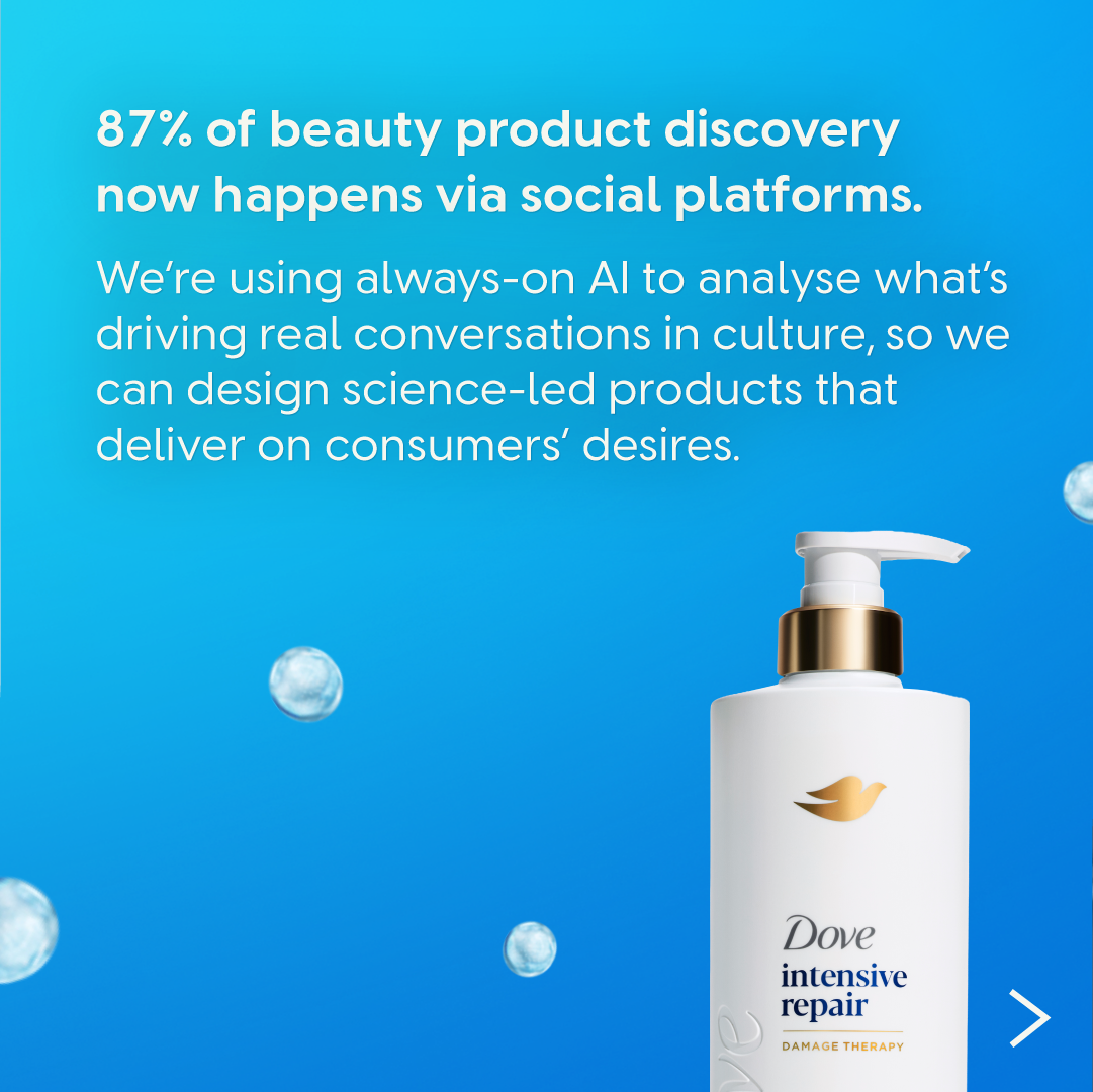 Dove Intensive Repair product alongside messaging about AI-driven beauty discovery via social platforms.