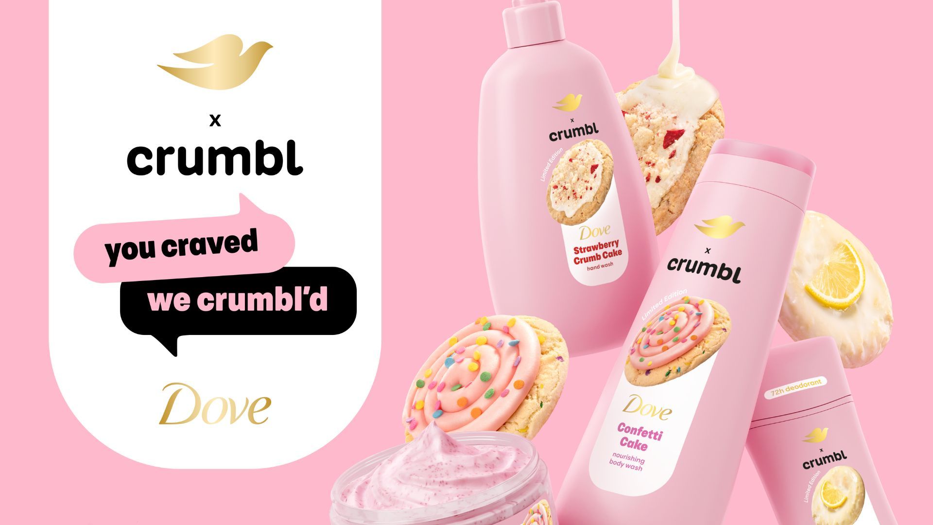 Dove x Crumble pale pink products featuring a cookie with colourful sprinkles