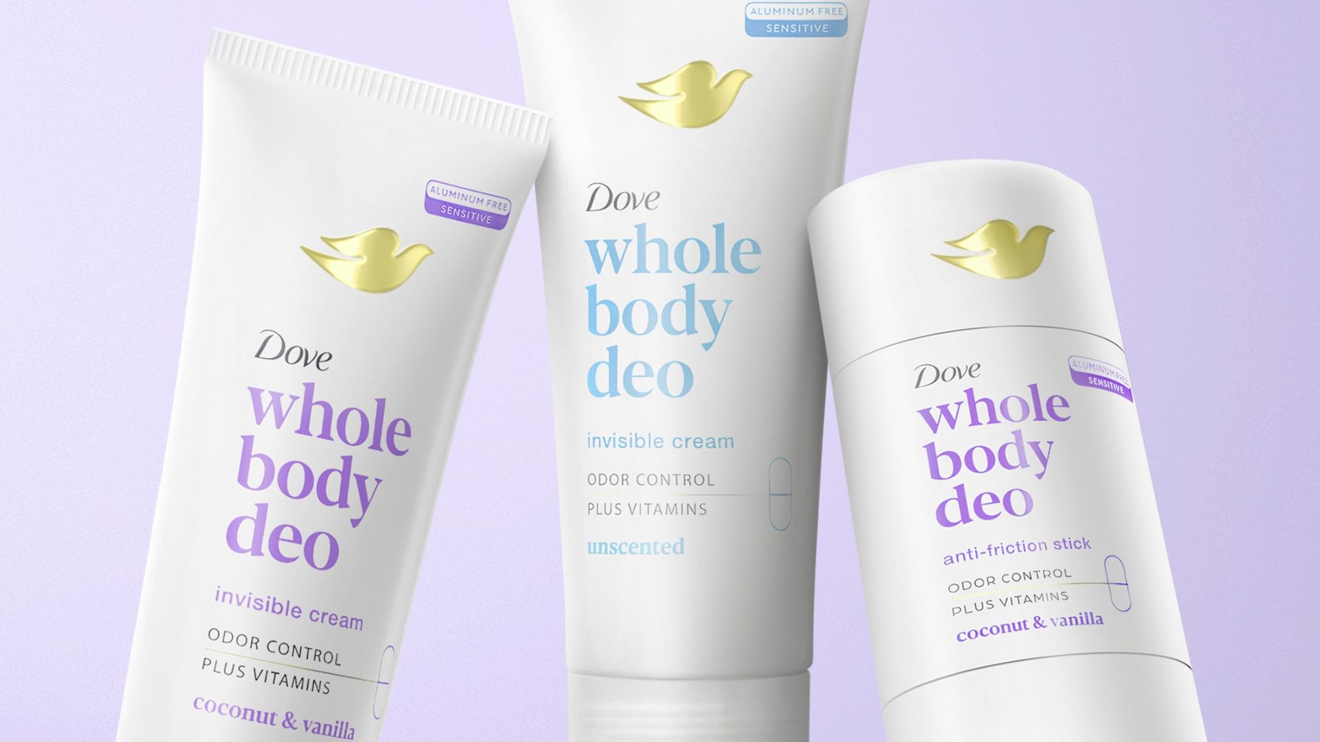 A photo of three Dove whole-body deodorants: one cream, one stick and one spray. Packaging is white with pastel lettering.