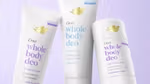 A photo of three Dove whole-body deodorants: one cream, one stick and one spray. Packaging is white with pastel lettering.