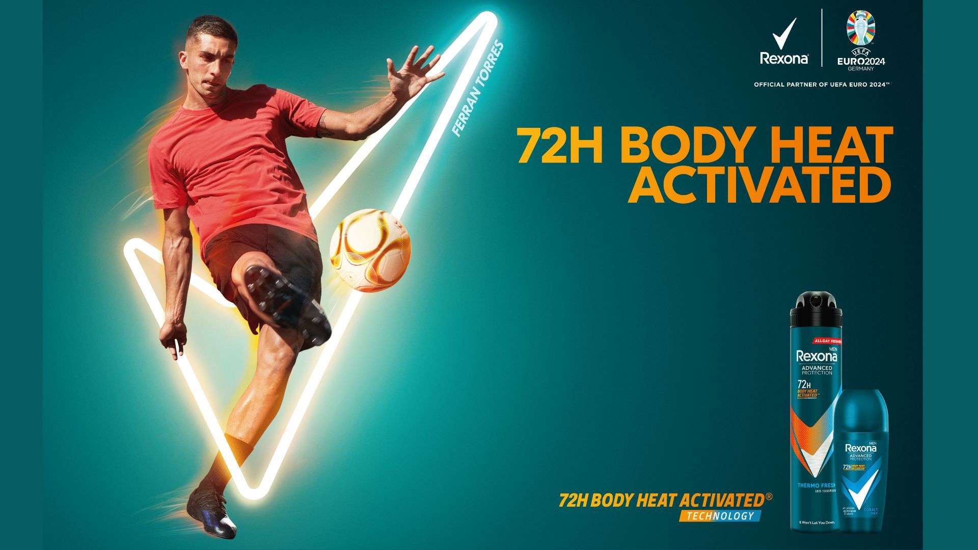 An ad for Rexona 72-hour deodorant with an image of footballer Ferran Torres kicking a ball in front of a neon Rexona check logo.