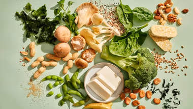 An assortment of vegetables, mushrooms, tofu, seaweed, tempeh, grains and nuts on a counter