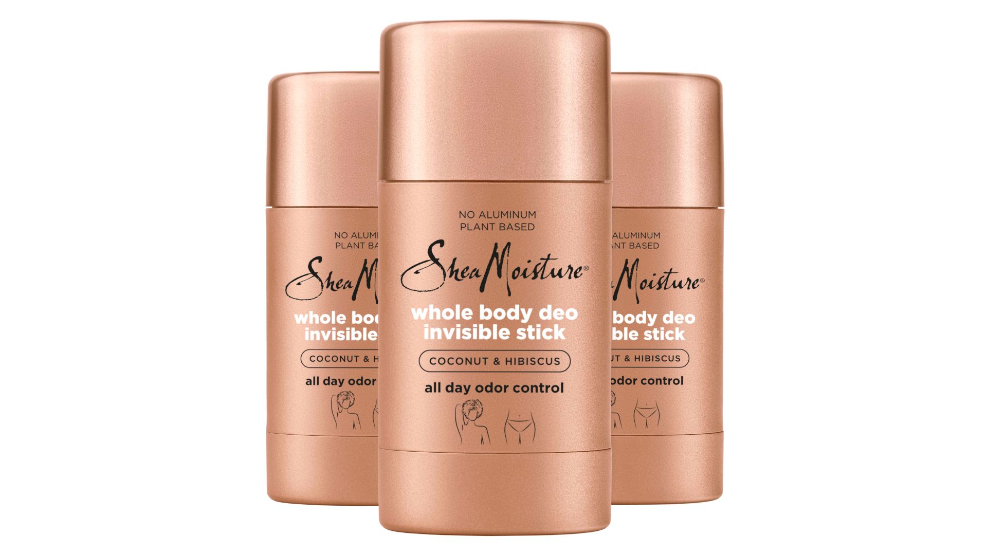 Three SheaMoisture invisible stick whole-body deodorants. Packaging is bronze and the deodorant is plant-based and aluminium-free.